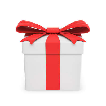3d rendering of a white gift box tied with a red bow on white background.の写真素材