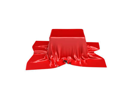 3d rendering of a box covered by red cloth in front view. Ads and promotion.の写真素材