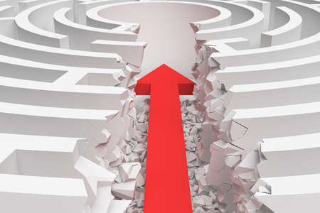 3d rendering of a maze with a red arrow borrowing to the center in closeup view.の写真素材