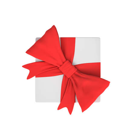 3d rendering of a white gift box tied with a red bow on white background in top viewの写真素材