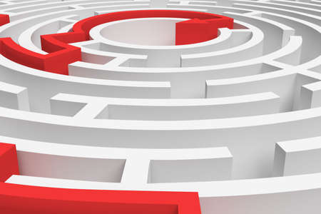 3d rendering of a white round maze with a red arrowed line showing the way out in close-up view.の写真素材