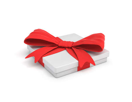 3d rendering of white flat gift box with a red ribbon bow in side top view.の写真素材
