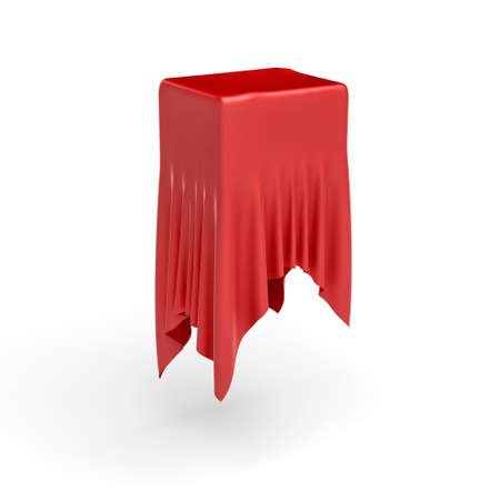 3d rendering of a piece of red satin clothes is hiding a box on the center isolated on white backgroundの写真素材
