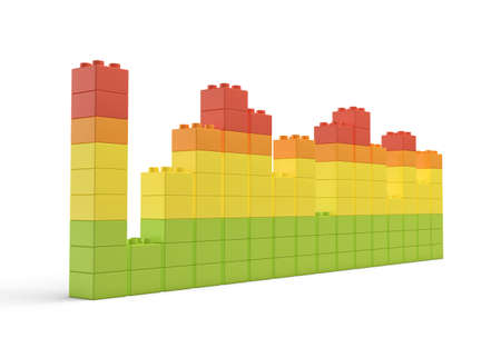 3d rendering of multi-colored toy bricks making up high uneven towers or graphs on white background.の写真素材