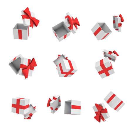 3d rendering of many white gift boxes with open cover and a red bow flying on white background.の写真素材