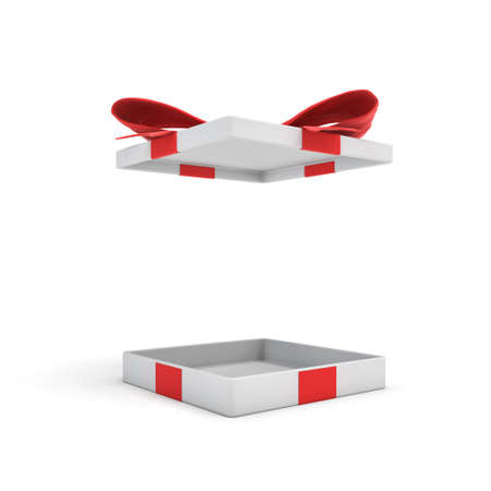 3d rendering of a white flat gift box with a red bow on white background with opened lid hanging high above.の写真素材