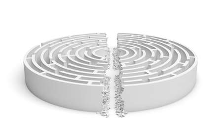 3d rendering of a white round maze with its walls broken by a straight line of rumble dividing the maze in half.の写真素材