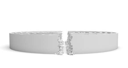 3d rendering of a white round maze with its walls broken by a straight line of rumble dividing the maze in half.の写真素材