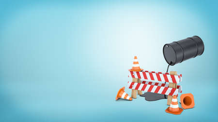 A striped roadblock sign beside several traffic cones and a barrel leaking oil on them from above.の写真素材