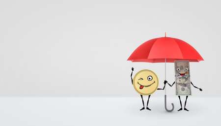 A dollar bill and a golden coin with arms and legs standing under a red umbrella and smiling.の写真素材