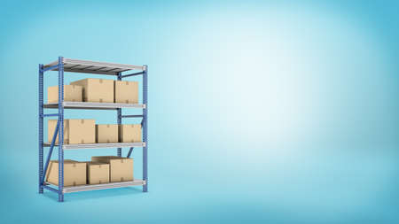 Several carton boxes placed on a metal warehouse rack on blue background.の写真素材