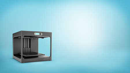 3d rendering of a black 3d-printer with a small screen and an empty printing bed on blue background.の写真素材