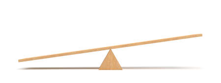 3d rendering of a light wooden seesaw with the left side leaning to the ground on white background.の写真素材