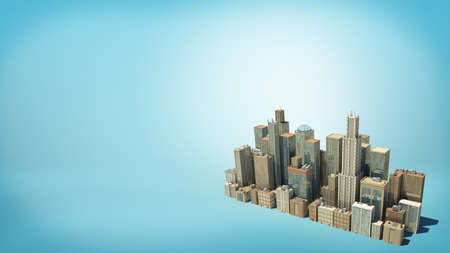 3d rendering of a small isolated cluster of many tall business buildings as seen from above on blue background.の写真素材