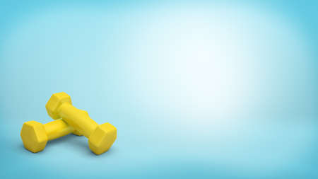 3d rendering of a two small yellow handheld dumbbells lying one on another on blue background.の写真素材