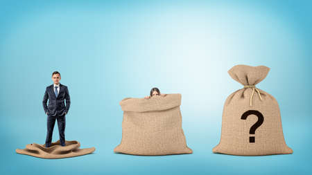 A businessman in an empty sack and a woman behind an open sack, and one sack closed with a question...