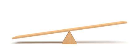 3d rendering of a light wooden seesaw with the left side leaning to the ground on white background.の写真素材