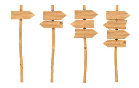 3d rendering of a wooden signpost set with one, two, three and four directional arrows attached.の写真素材