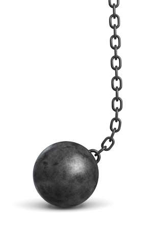 3d rendering of a black iron wrecking ball lying on the floor still attached to a chain.の写真素材