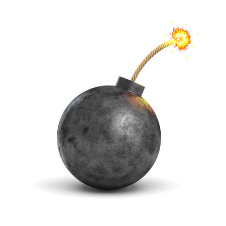3d rendering of a realistic black iron round bomb with a lit burning fuse on white background.