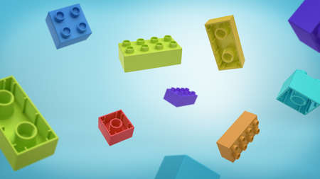 3d rendering of a many multicolored rectangle toy blocks building blocks falling from above on blue background.の写真素材