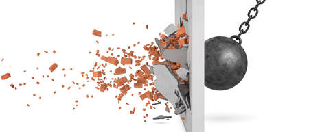 3d rendering of a large swinging wrecking ball crashing at a brick wall with pieces from the wall flying away in side view.