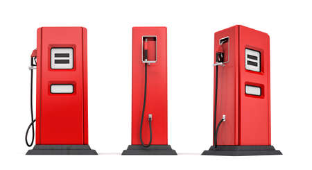 3d rendering of three red gas pumps in front, side and half side views isolated on white background.の写真素材
