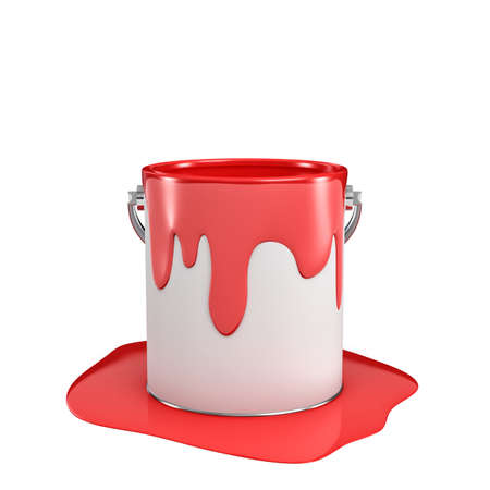 3d rendering of a paint bucket full of red paint with some of it overflown to the ground.の写真素材