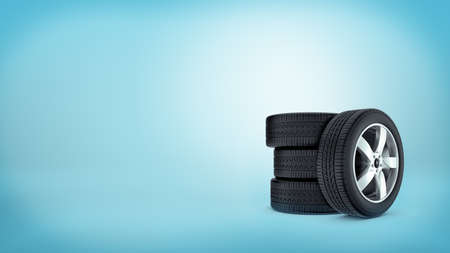 3d rendering of a three car tires stacked on each other and a forth tire leaning on them on blue...