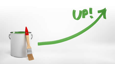 3d rendering of a full red paint bucket with a new brush leaning on it beside a green paint line with an arrow and a word Up.の写真素材
