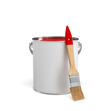 3d rendering of a red paint jar and a wooden brush with a red handle on white background.の写真素材
