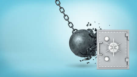 3d rendering of a large wrecking ball hitting a silver old-fashioned safe box and crashing itself in many piecesの写真素材