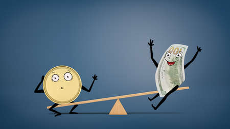 An anthropomorphic golden coin overweighing a smiling dollar bill white sitting on a wooden seesaw.の写真素材