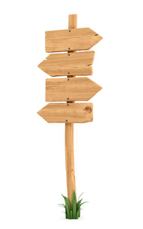 3d rendering of a wooden pole with some grass on its base and four blank arrows on the top.の写真素材