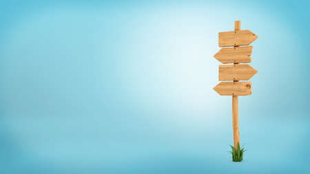 3d rendering of a wooden pole with some grass on its base and four blank arrows on the top.の写真素材