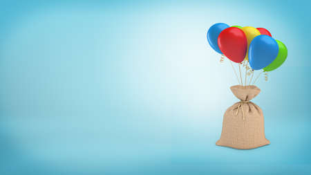 3d rendering of a big full sack tied with a piece of rope and attached to a bundle of colorful balloons.の写真素材