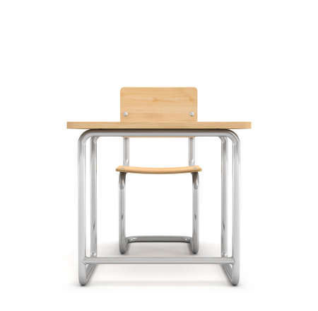 3d rendering of a school desk and chair both are made of iron and light wood isolated on white background.の写真素材