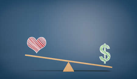 A wooden seesaw on blue chalkboard background with a drawn USD sign overweighing a heart signの写真素材