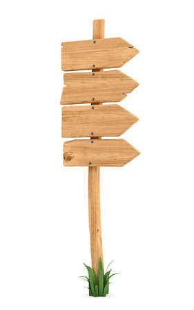 3d rendering of a wooden pole with some grass on its base and four blank arrows on the top.の写真素材