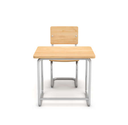 3d rendering of a school desk and chair both are made of iron and light wood isolated on white background.の写真素材