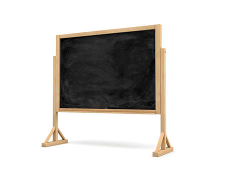 3d rendering of a black rectangle school chalkboard on a wooden stand isolated on white background. Education and learning aids. School and college. Writing board.の写真素材