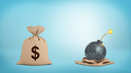 3d rendering of a brown hessian money bag with a dollar sign standing close to a open bag revealing a lit bomb.の写真素材