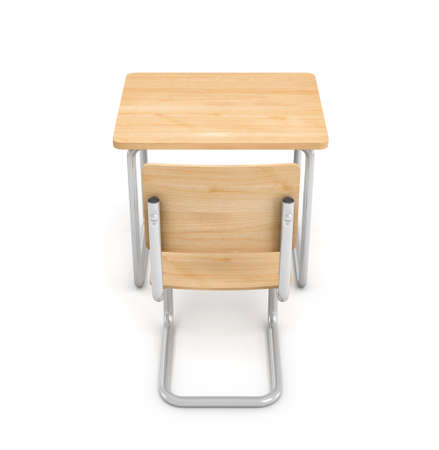 3d rendering of a school desk and chair both are made of iron and light wood isolated on white background.の写真素材