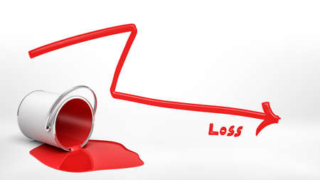 3d rendering of an overturned red paint bucket leaking paint into a puddle beside a red negative arrow and a word Loss.の写真素材