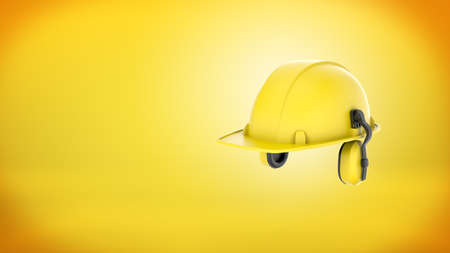 3d rendering of a new yellow construction hard hat with ear muffs attached on yellow background.の写真素材