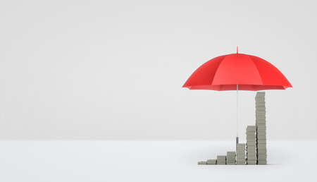 3d rendering of an open red umbrella on white background covering several stacks of money placed as a growing graph.の写真素材