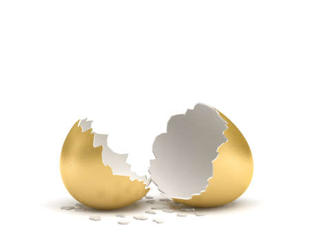 3D rendering of a cracked golden egg with its two pieces lying beside each other on white background.の写真素材