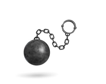 3d rendering of a black iron ball and chain with a cuff hanging on white background.の写真素材