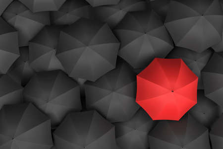 3d rendering of open bright red umbrella towering over an endless amount of similar black umbrellas.の写真素材