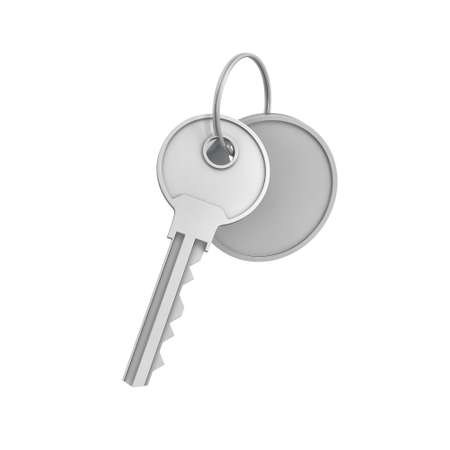3d rendering of a single silver key with label isolated on white background. Lock and key. Safety and protection. Security and insurance.の写真素材